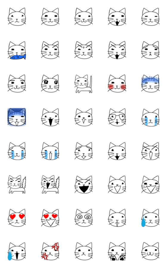 [LINE絵文字]シンプルで変な顔の猫の顔文字の絵文字の画像一覧