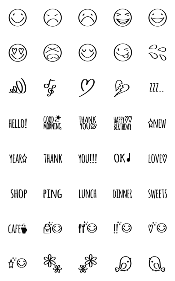 Line絵文字 手書き風 モノクロ絵文字 40種類 1円