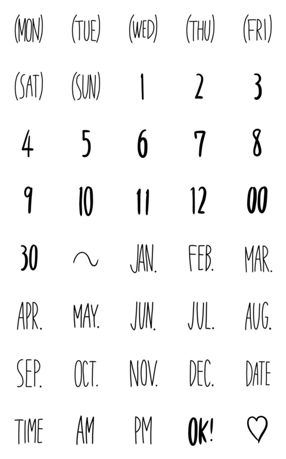 [LINE絵文字]手書きの英語の月と曜日と数字などの画像一覧