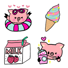 夏ver♡コブタちゃんと食べ物の絵文字の絵文字メイン画像