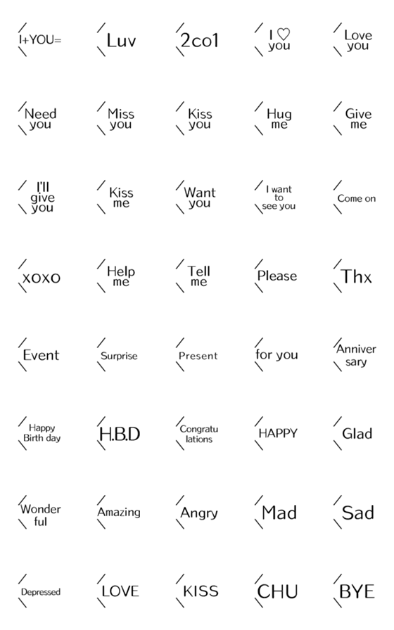 [LINE絵文字]【モノクロ】吹き出し+英文字=恋愛系の画像一覧