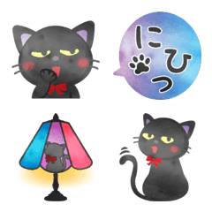 [LINE絵文字] 水彩えほん【黒猫ボシュの毎日編】絵文字の画像