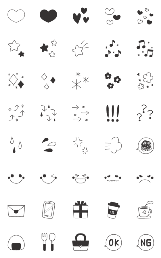 [LINE絵文字]白黒シンプル、毎日使えるらくがき絵文字の画像一覧