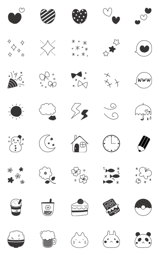 [LINE絵文字]白黒シンプル、毎日使えるらくがき絵文字2の画像一覧
