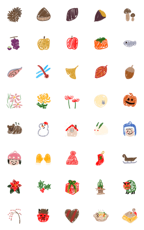 [LINE絵文字]クレヨンで落書き風絵文字 秋冬の画像一覧