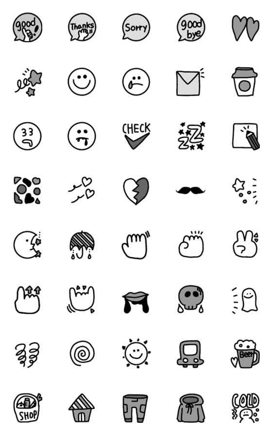[LINE絵文字]お洒落手書きモノトーン倶楽部1の画像一覧