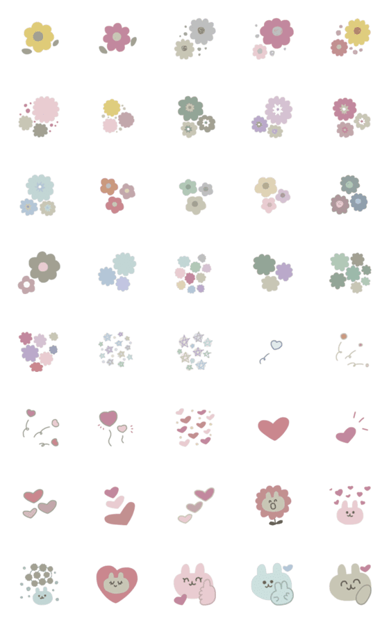 [LINE絵文字]毎日使えるくすみカラーのお花うさぎの画像一覧