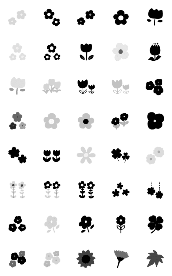 [LINE絵文字]お花がいっぱいモノクロの絵文字の画像一覧