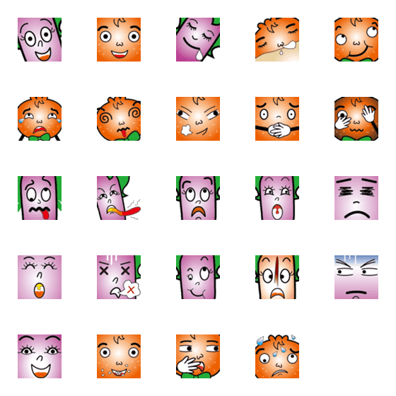 [LINE絵文字]Eggplant sister and orange brother-faceの画像一覧