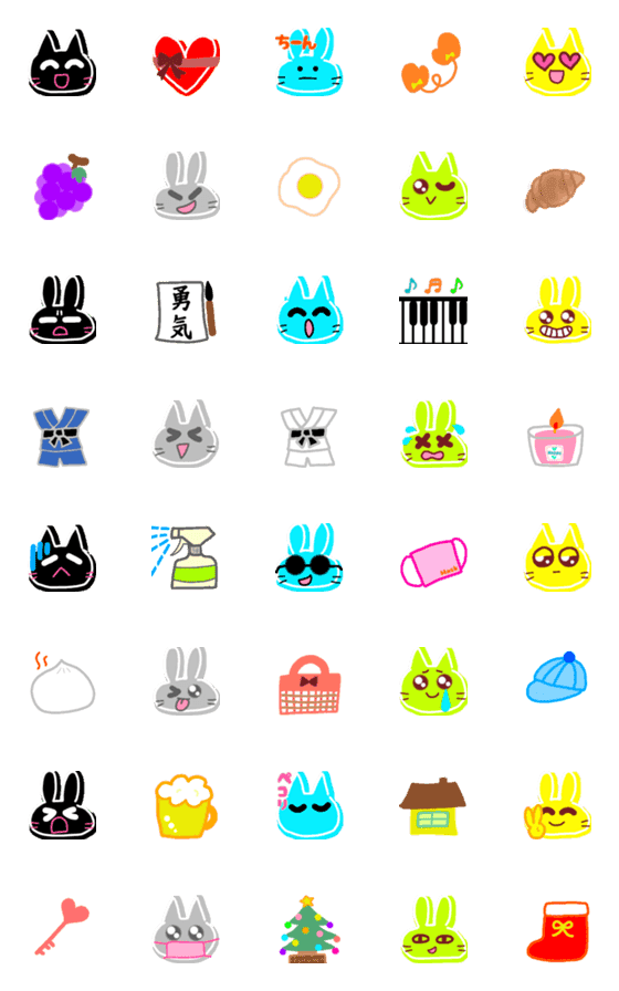 [LINE絵文字]絵文字♡カラフルなうさぎとネコ ⑦の画像一覧