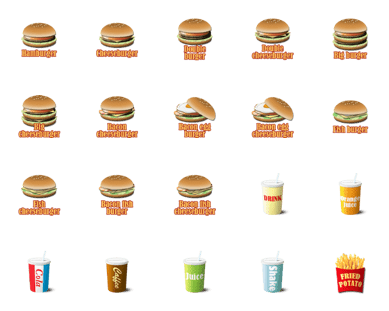 [LINE絵文字]ハンバーガーショップのメニューの画像一覧