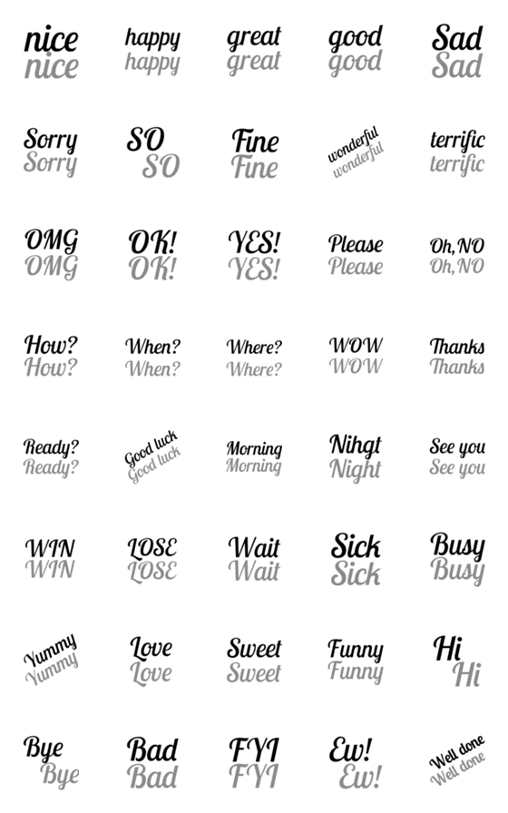 [LINE絵文字]簡単使える★シンプル英語絵文字 黒x灰色の画像一覧