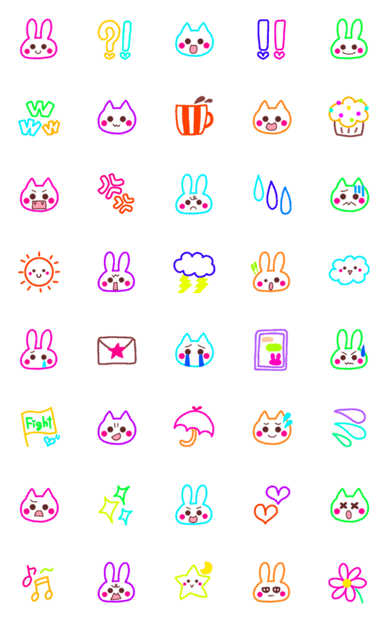 [LINE絵文字]ビビッドカラーのウサギとネコ♡線画の画像一覧