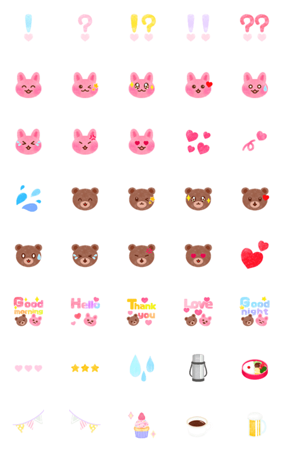 [LINE絵文字]かわいいクレヨン風絵文字2 うさぎとくまの画像一覧