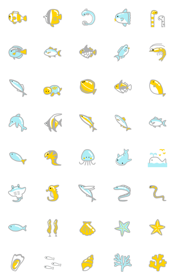 [LINE絵文字]水色と黄色と灰色の魚たちの画像一覧