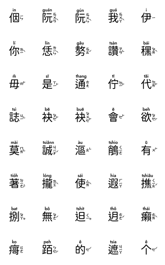 [LINE絵文字]Taiwanese Hokkien hanzi TLHI 1の画像一覧