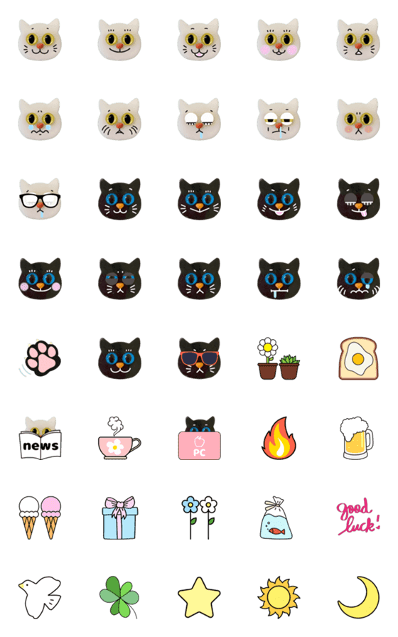 [LINE絵文字]モチ猫の絵文字 ② ☆白猫と黒猫☆の画像一覧