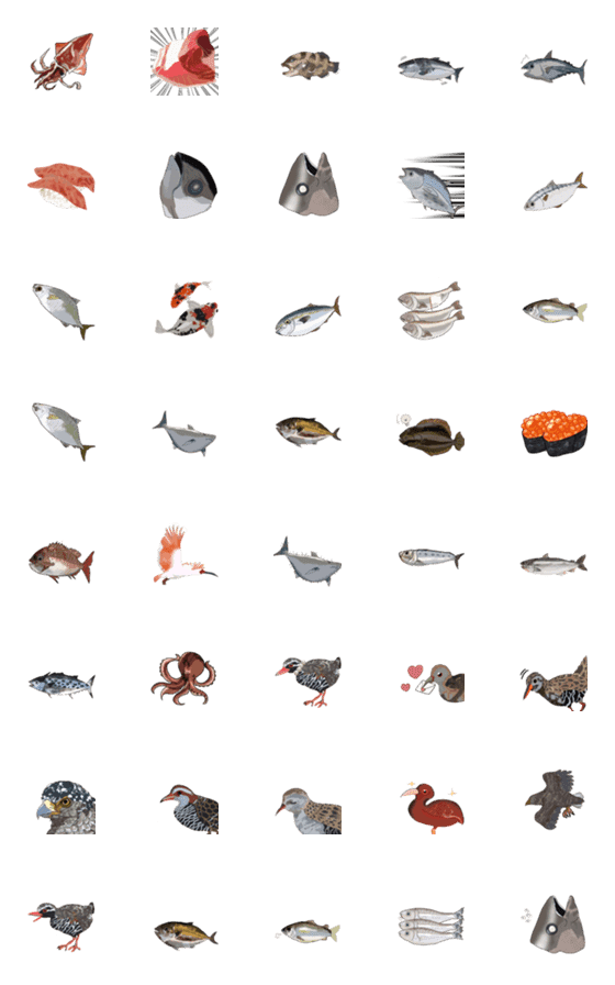[LINE絵文字]ちょっとリアルなダジャレ魚と鳥の絵文字の画像一覧