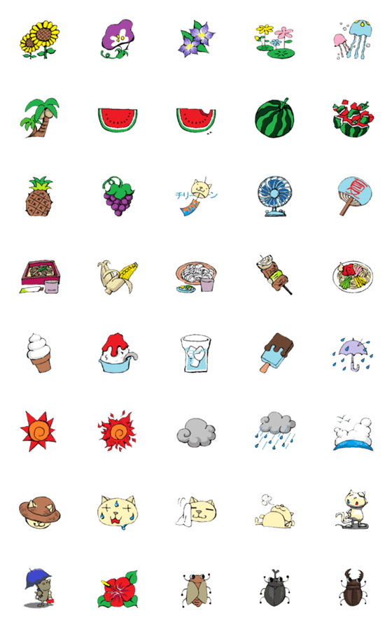 [LINE絵文字]夏 いろいろな顔のネコの画像一覧