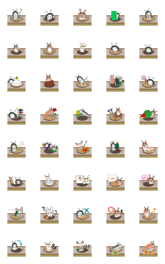 [LINE絵文字]動くつながるぶりっこ＆メデタイ先輩うさぎの画像一覧