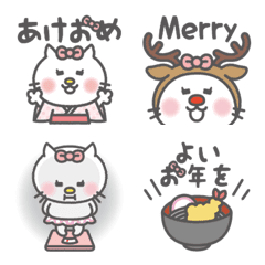 [LINE絵文字] 冬・お正月に使える！りぼんネコ絵文字の画像