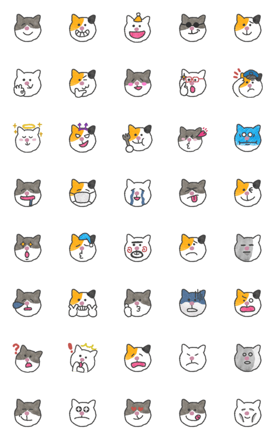 [LINE絵文字]白猫ハチワレ三毛猫3種ネコの手描き絵文字の画像一覧