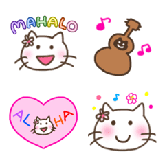 [LINE絵文字] ウクレレを弾く猫(白)ハワイアン絵文字の画像