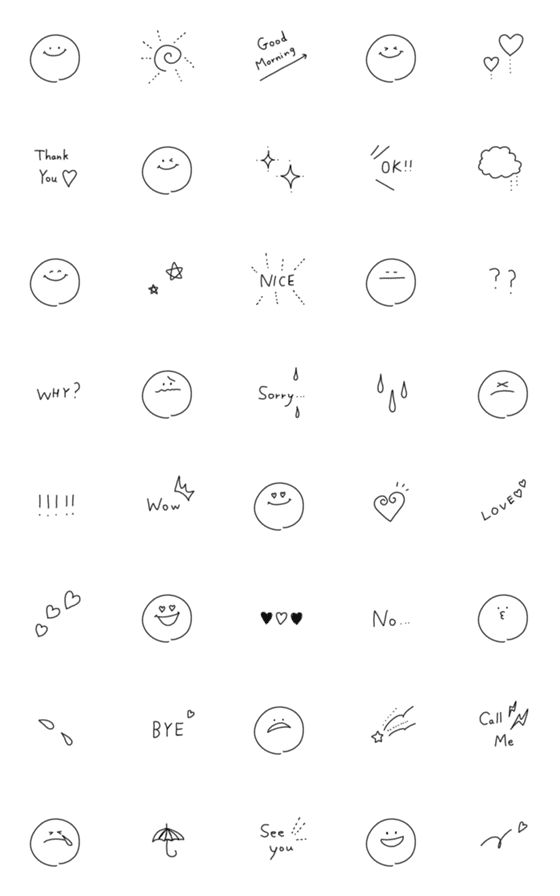 [LINE絵文字]シンプル◎手書き白黒スマイル＆英語2の画像一覧