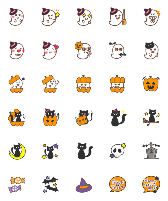 [LINE絵文字]おばけちゃんとくろねこのハロウィン絵文字の画像一覧