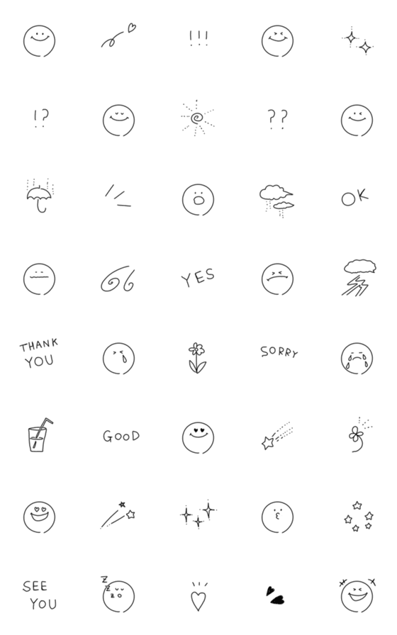 [LINE絵文字]シンプル◎手書き白黒スマイル＆英語2の画像一覧