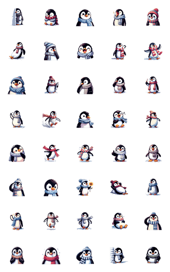 [LINE絵文字]ドット絵 ペンギン 冬支度 40種 絵文字の画像一覧