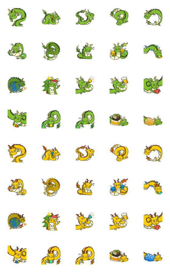 [LINE絵文字]ドラゴンの絵文字（緑色/黄色）の画像一覧