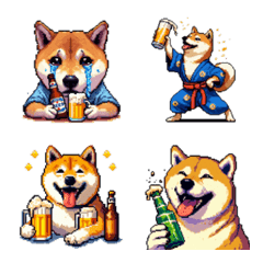 [LINE絵文字] ドット絵 呑む柴犬 酒盛り 絵文字の画像