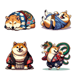 [LINE絵文字] ドット絵 新年を祝う 太っちょ柴犬 絵文字の画像