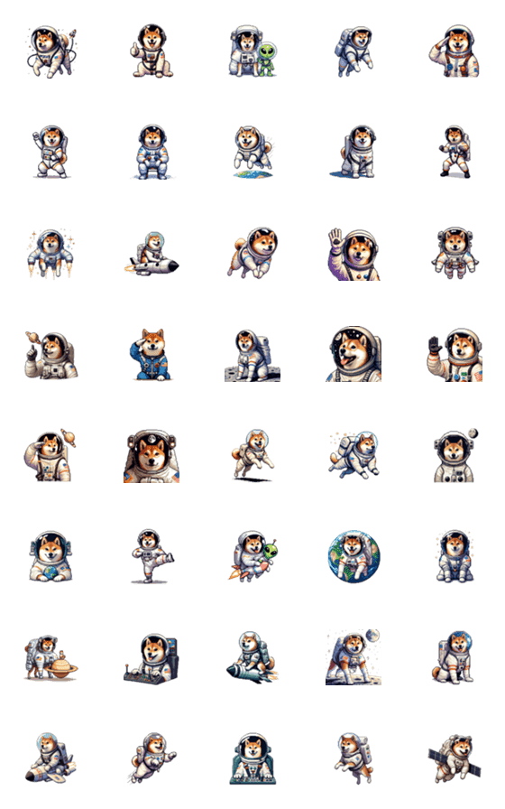 [LINE絵文字]宇宙な柴犬 ドット絵 絵文字 40種の画像一覧