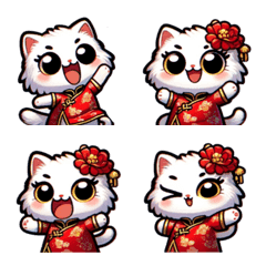 [LINE絵文字] Emoji White Cat in Red Chinese Qipaoの画像