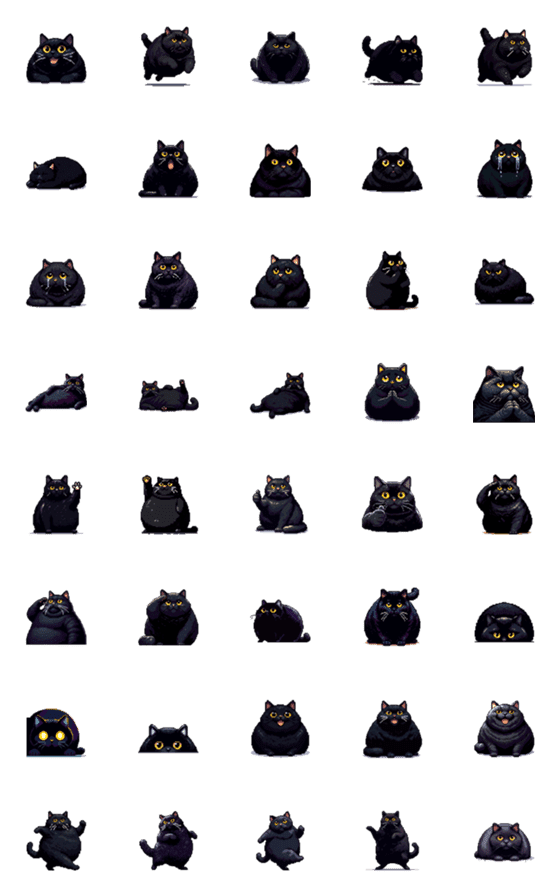 [LINE絵文字]太っちょ黒猫 ドット絵 絵文字 40種の画像一覧