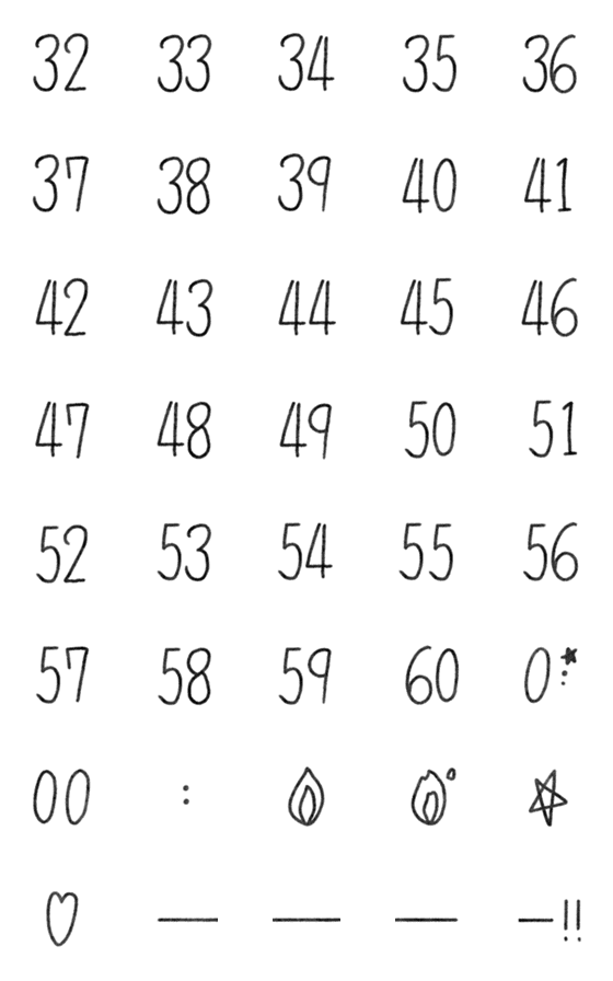 [LINE絵文字]手書き style 黒 ♥ 毎日 32-60 数字の画像一覧