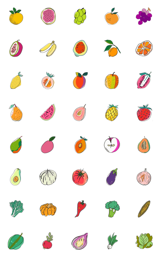 [LINE絵文字]手描き風のフルーツ＆野菜えもじの画像一覧