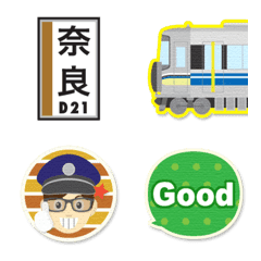 [LINE絵文字] 京都〜奈良 青ラインの電車と駅名標〔縦〕の画像