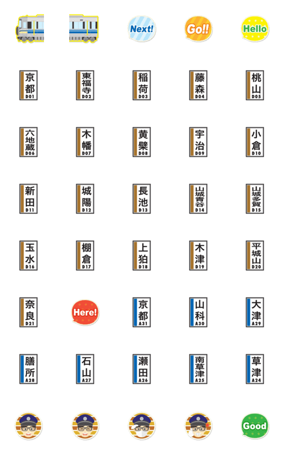 [LINE絵文字]京都〜奈良 青ラインの電車と駅名標〔縦〕の画像一覧